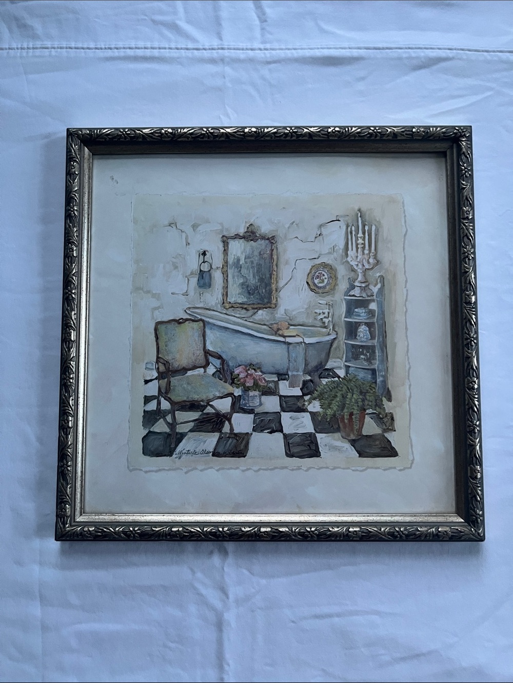 Framed Vintage Bathroom Scene Wall Art by C. Winterle Olson - Neutral Tones
